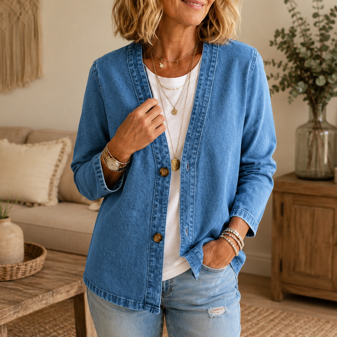 Drapella Denim Look Cardigan - Women's Collarless Cardigan