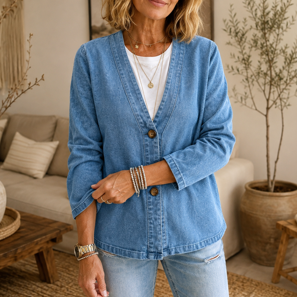Drapella Denim Look Cardigan - Women's Collarless Cardigan