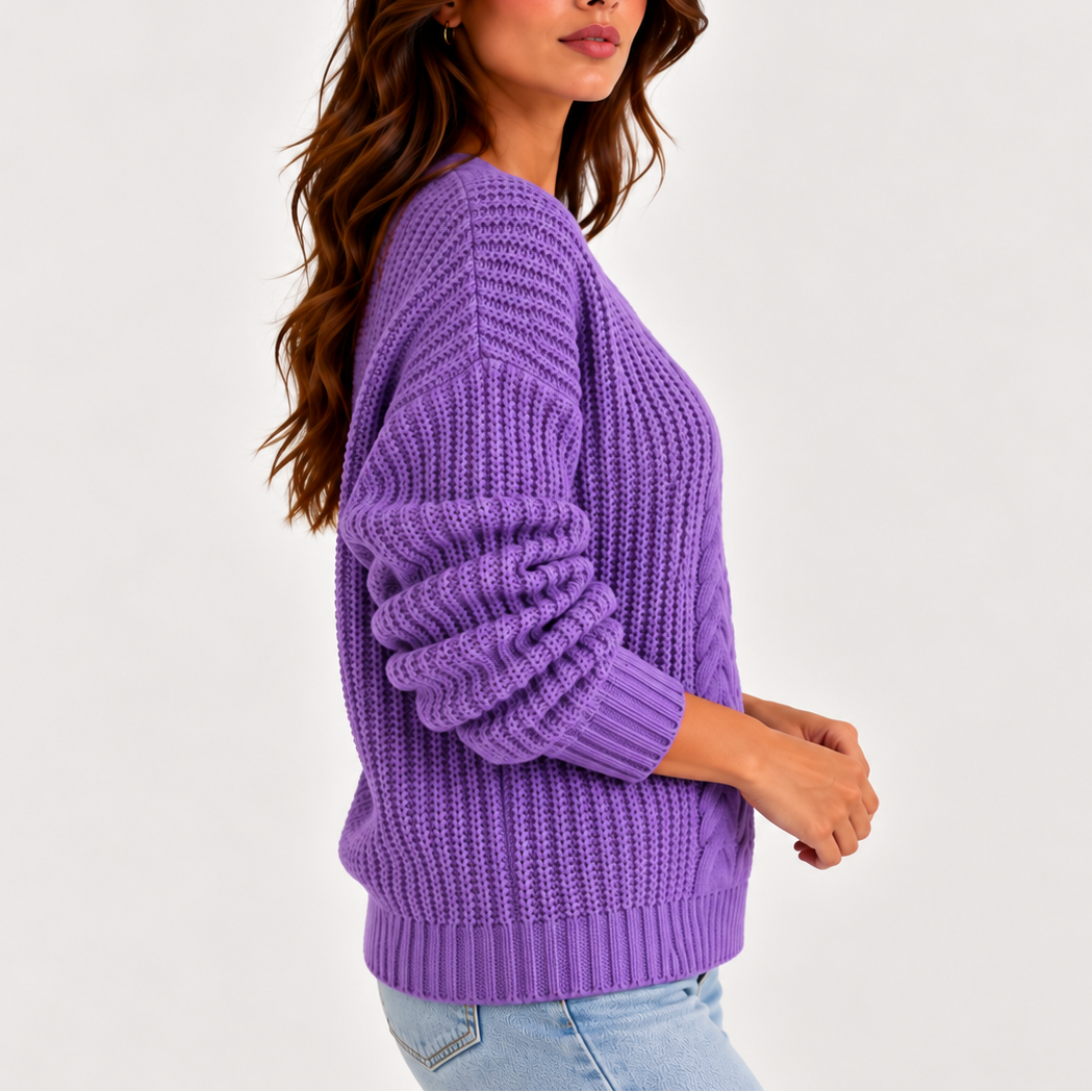 Cable Knit V-Neck Sweater - Women's Long Sleeve Jumper