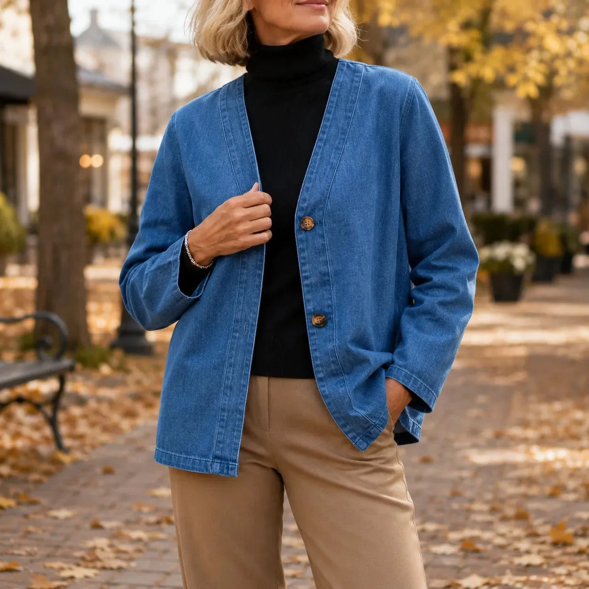 Verelle Collarless Denim Jacket - V-Neck Women's Jacket