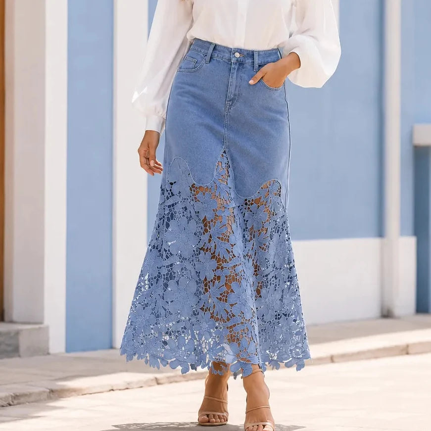 Florenza Lace Hem Skirt - Denim Women's Maxi Skirt