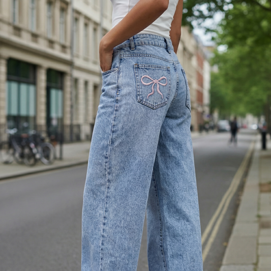 Yettie Wide Leg Jeans - High Waisted Bow Pocket Jeans