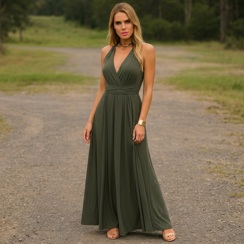 Elmirae Flowing Maxi Dress - Women's Deep V Neck Dress