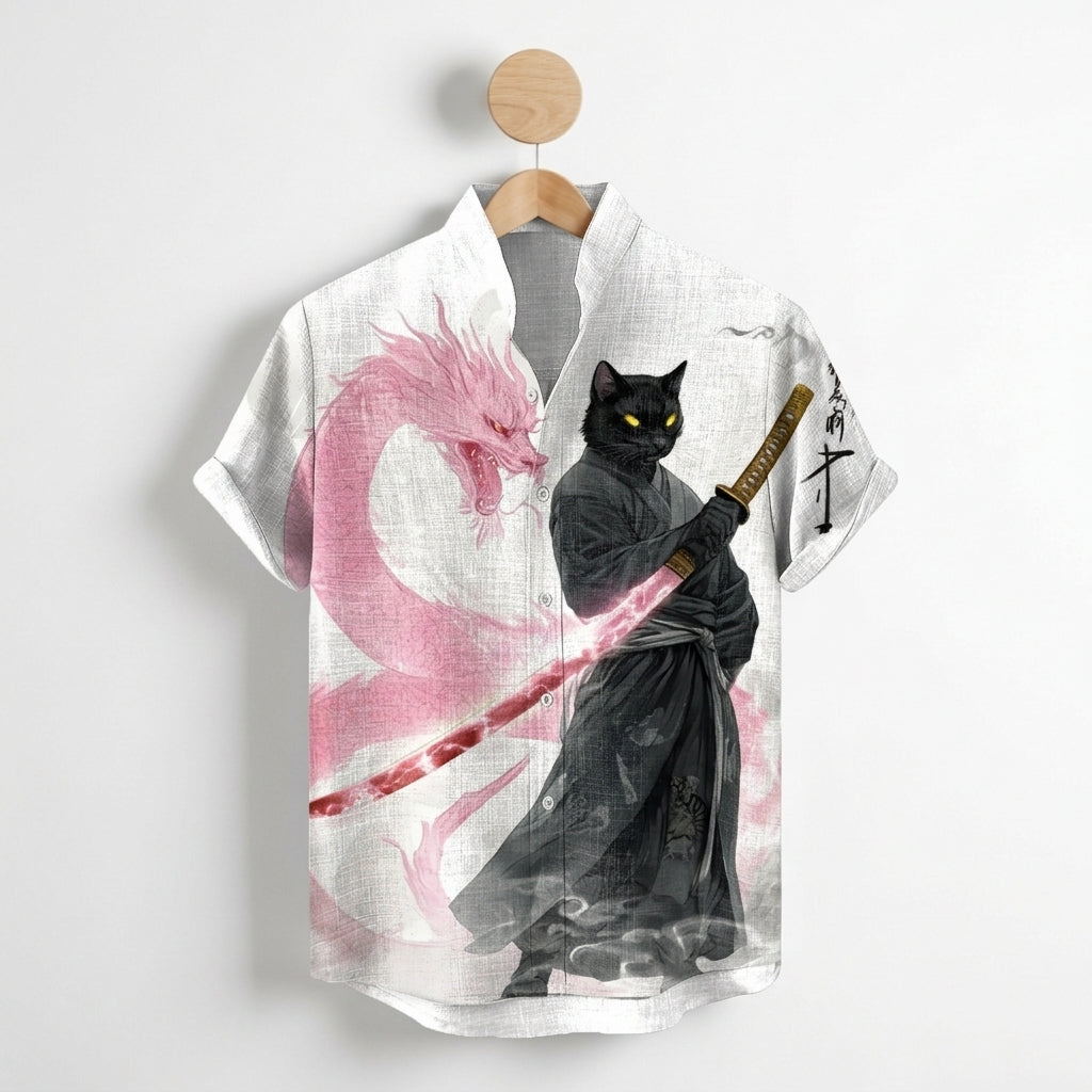 Tavienne Black Cat Print Shirt - Men's Linen Shirt