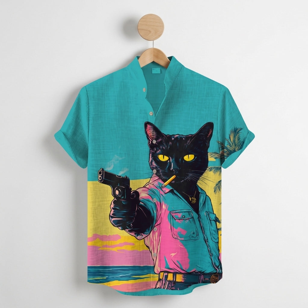 Tavienne Black Cat Print Shirt - Men's Linen Shirt