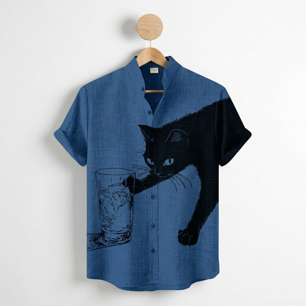 Tavienne Black Cat Print Shirt - Men's Linen Shirt
