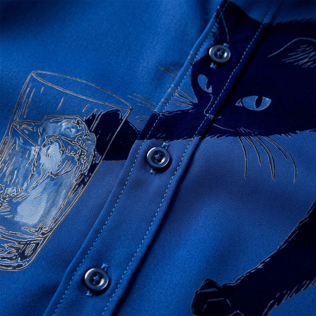 Tavienne Black Cat Print Shirt - Men's Linen Shirt