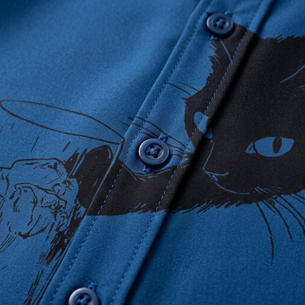 Tavienne Black Cat Print Shirt - Men's Linen Shirt