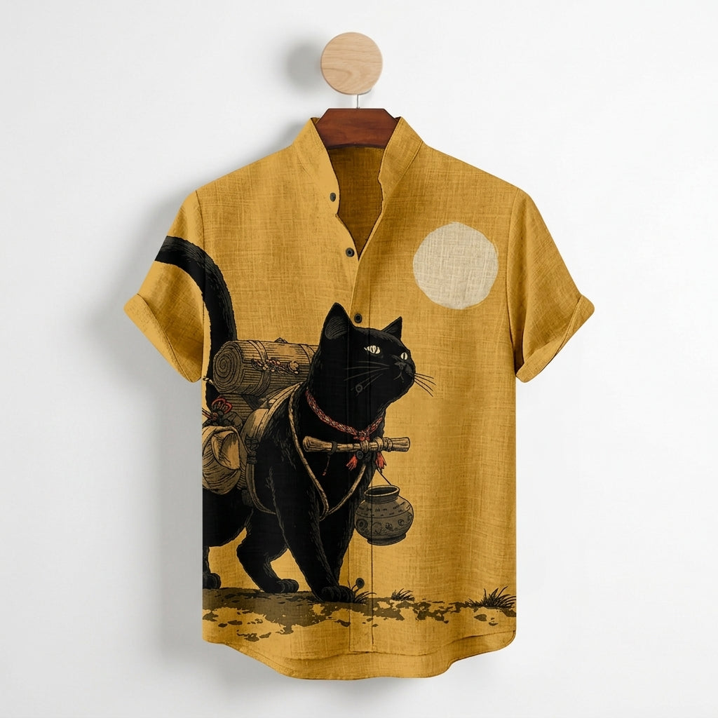 Tavienne Black Cat Print Shirt - Men's Linen Shirt