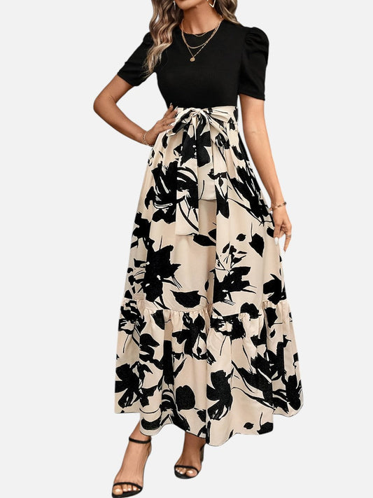 Floral Midi Dress - Puff Sleeve Belted Women's Dress