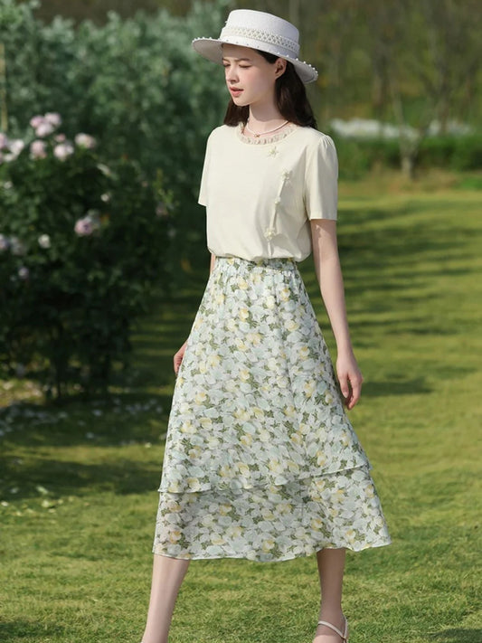 Floral Chiffon Midi Skirt - Women's A-Line Skirt