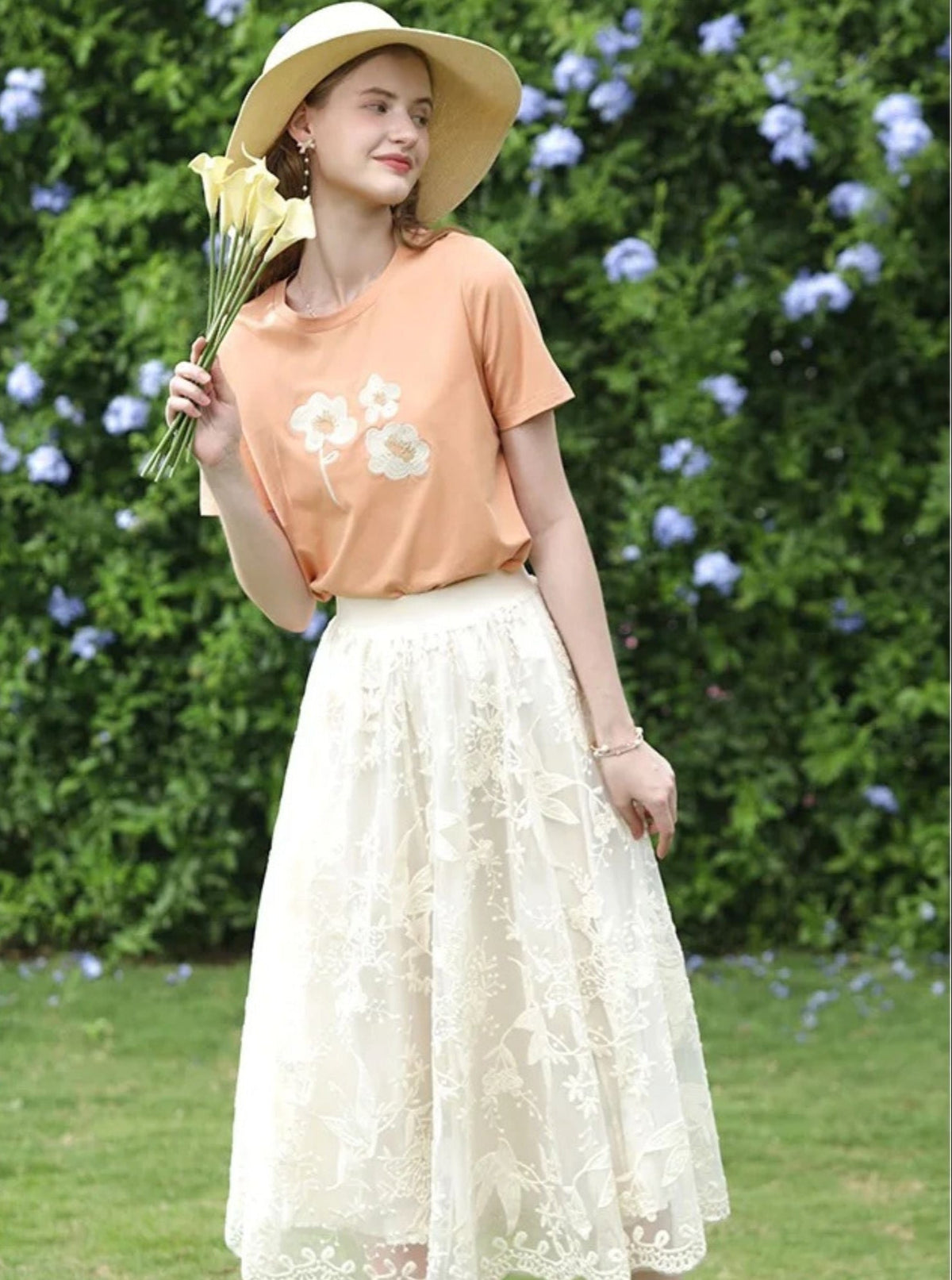 Embroidered Lace Midi Skirt - Women's A-Line Lace Skirt