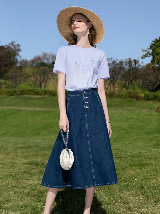 High-Waisted Denim Midi Skirt - Women's A-Line Skirt
