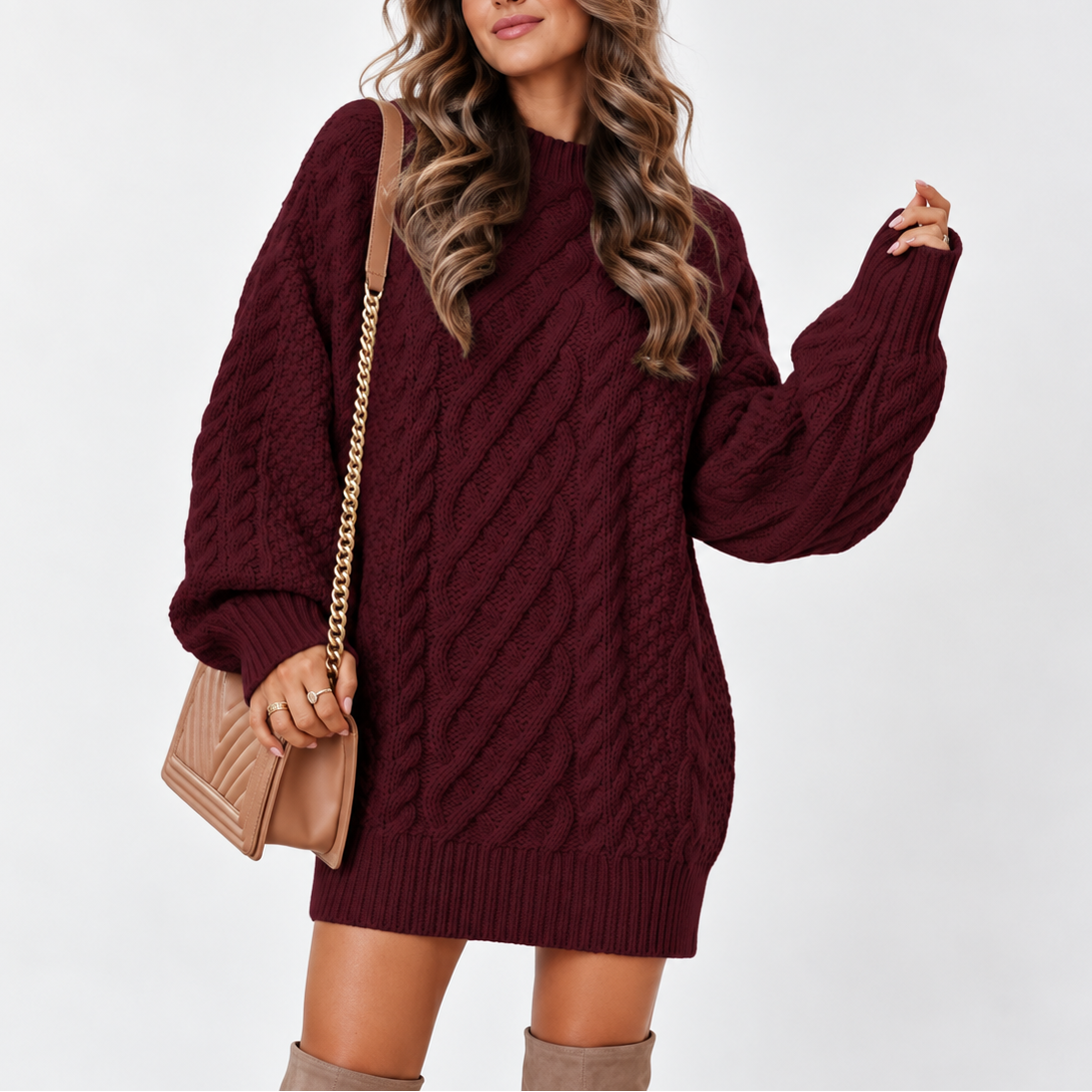 Oversized Cable Knit Sweater - Women's Long Sleeve Jumper
