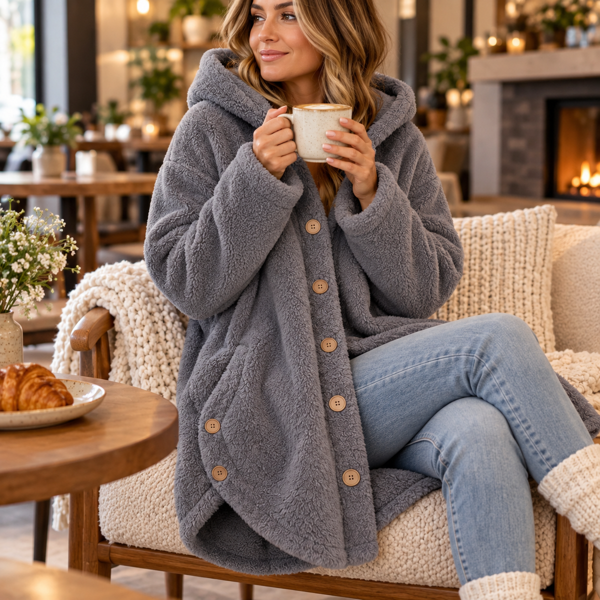 Veluna Hooded Fleece Coat - Asymmetric Button Women's Coat