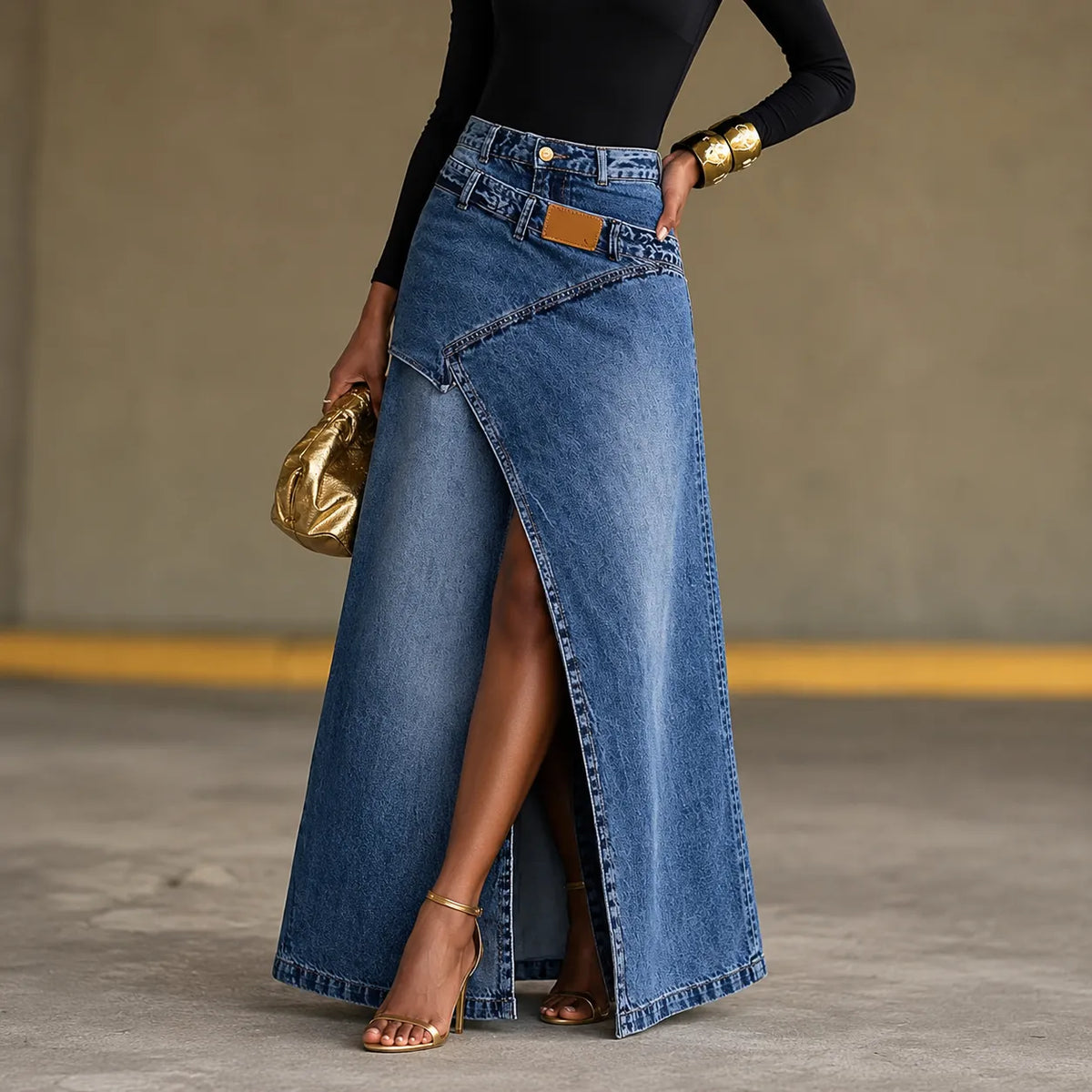 Saviera Denim Maxi Skirt - Women's Asymmetric Slit Skirt