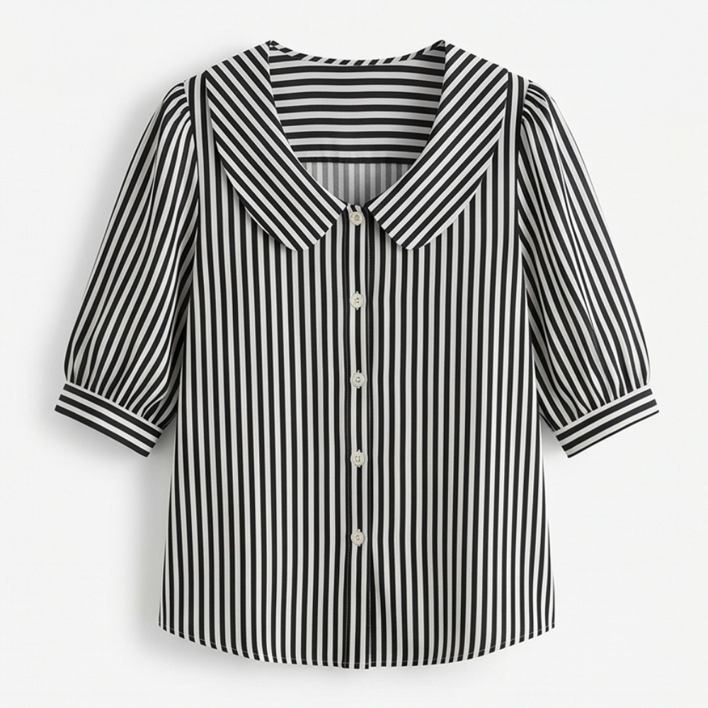 Solene Striped Sailor Collar Blouse - Women's Puff Sleeve