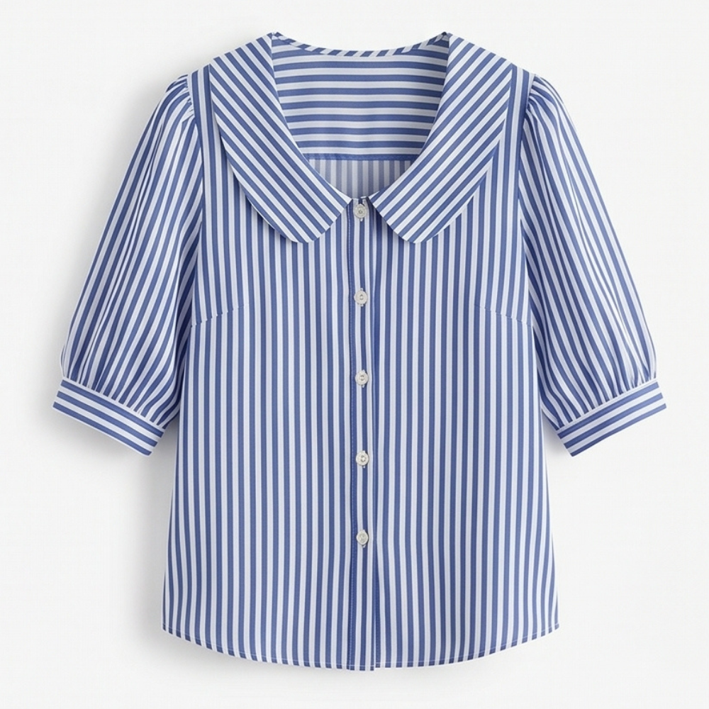 Solene Striped Sailor Collar Blouse - Women's Puff Sleeve
