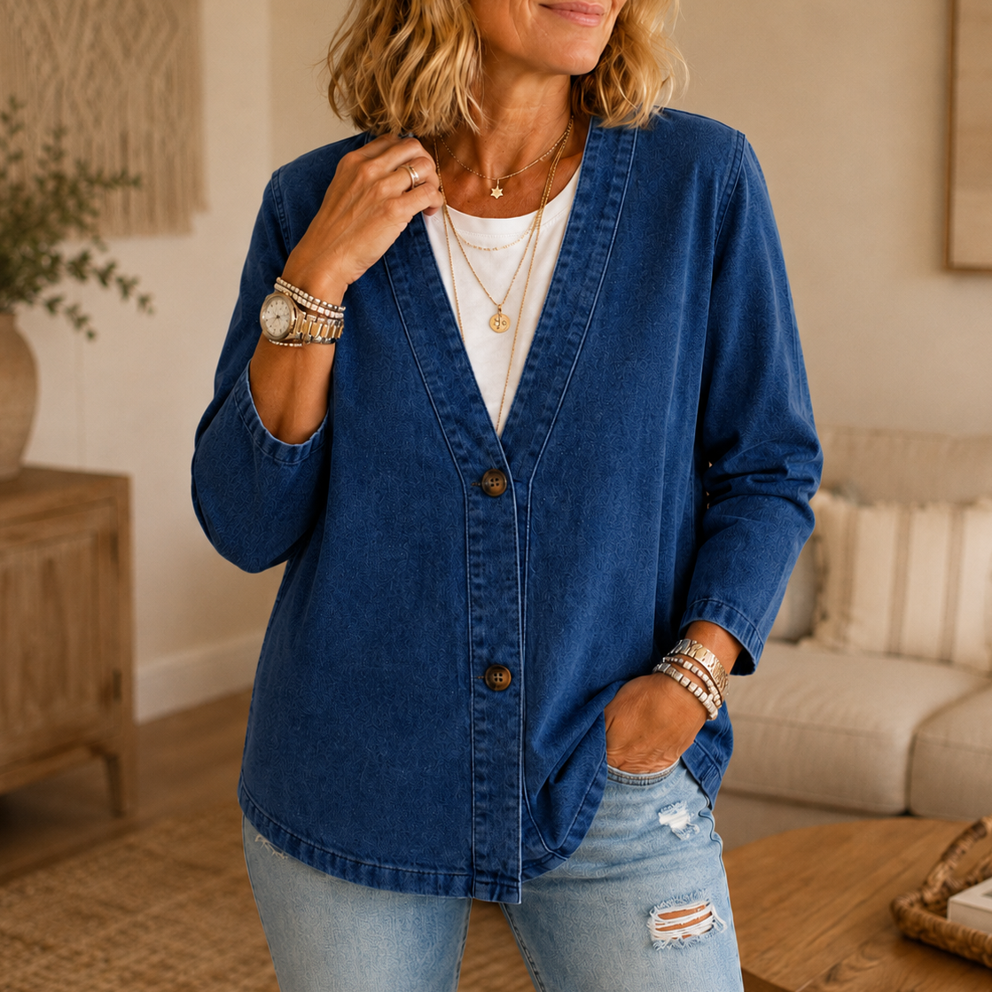 Drapella Denim Look Cardigan - Women's Collarless Cardigan