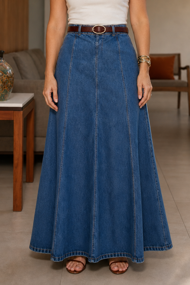 Wearbella Denim Maxi Skirt - Women's High Waist A-Line