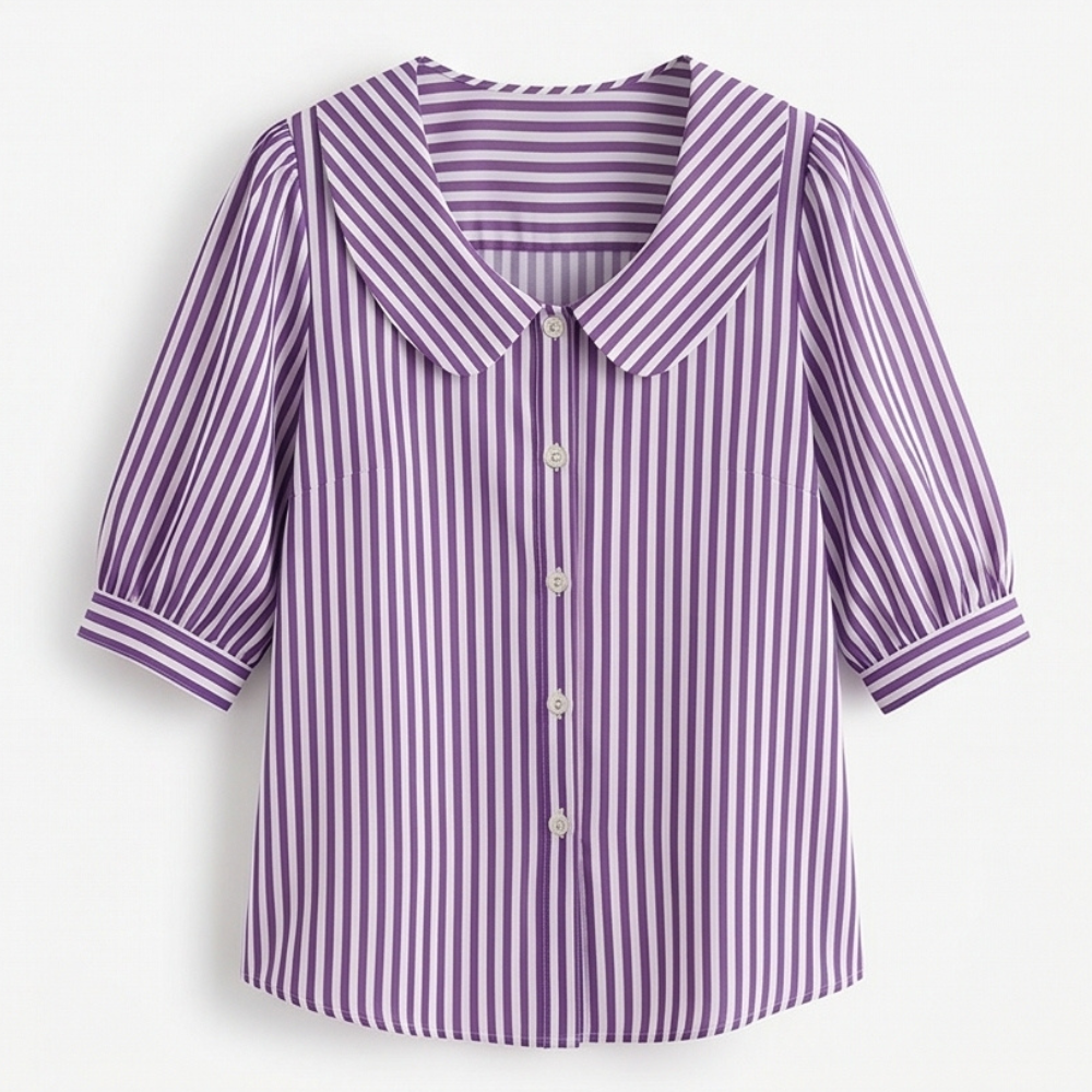 Solene Striped Sailor Collar Blouse - Women's Puff Sleeve