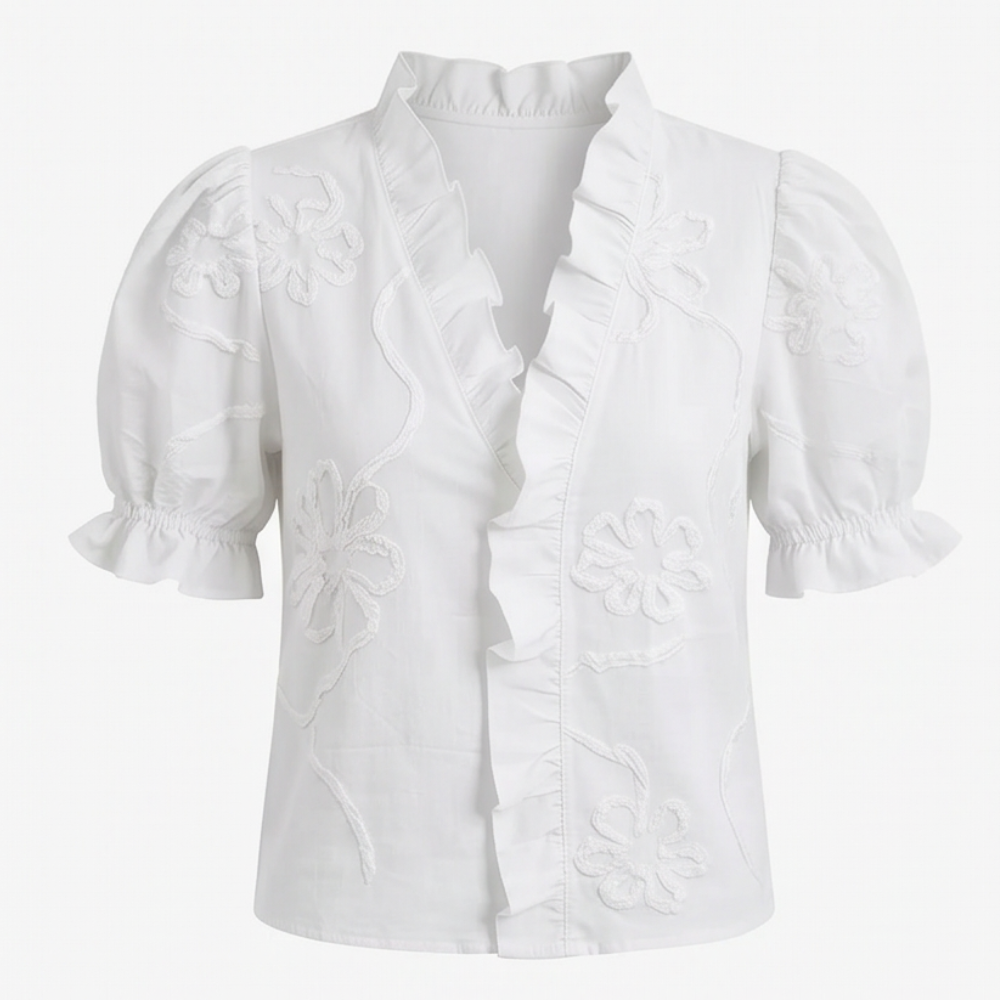 Belvera Ruffled V-Neck Blouse - Women's Puff Sleeve Top