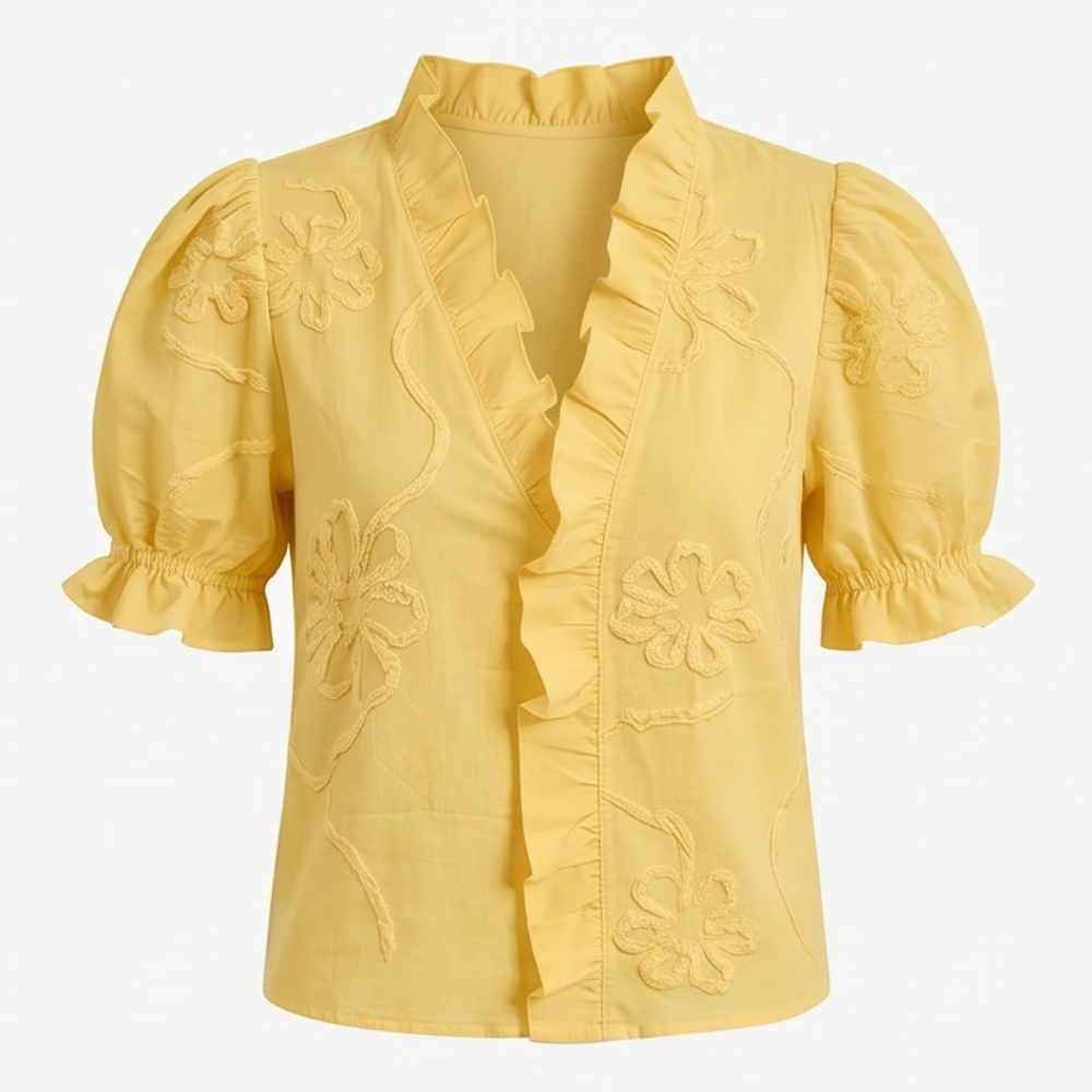 Belvera Ruffled V-Neck Blouse - Women's Puff Sleeve Top