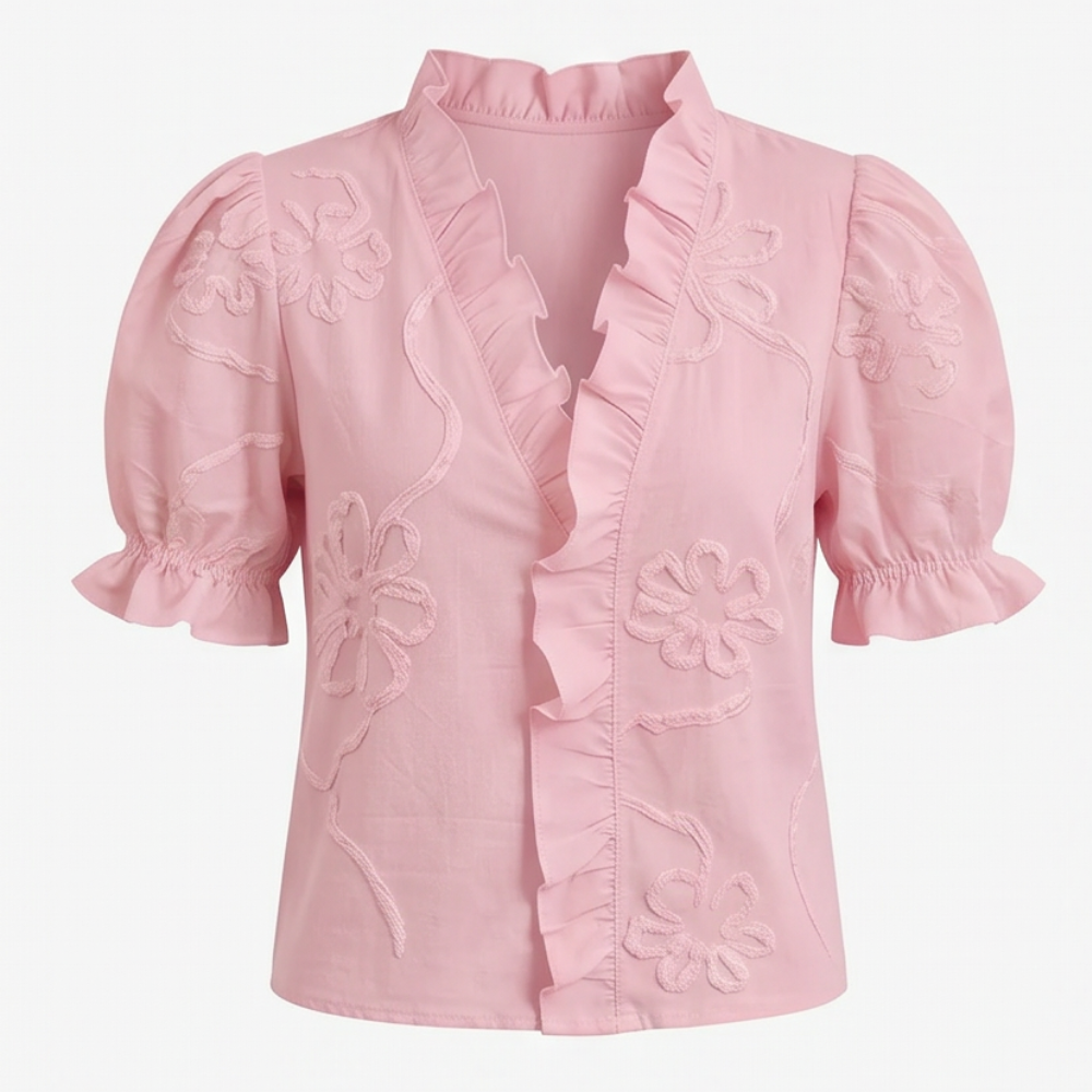 Belvera Ruffled V-Neck Blouse - Women's Puff Sleeve Top