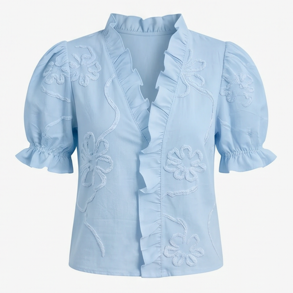Belvera Ruffled V-Neck Blouse - Women's Puff Sleeve Top