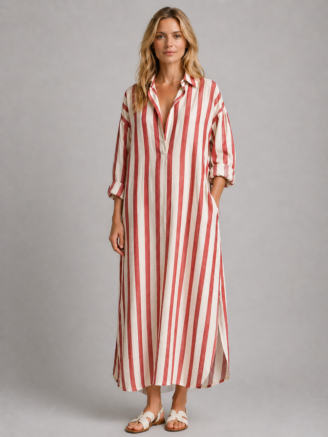 Striped Shirt Dress with Pockets - Long Women's Dress
