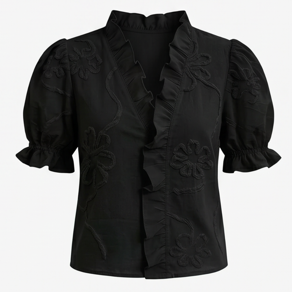 Belvera Ruffled V-Neck Blouse - Women's Puff Sleeve Top