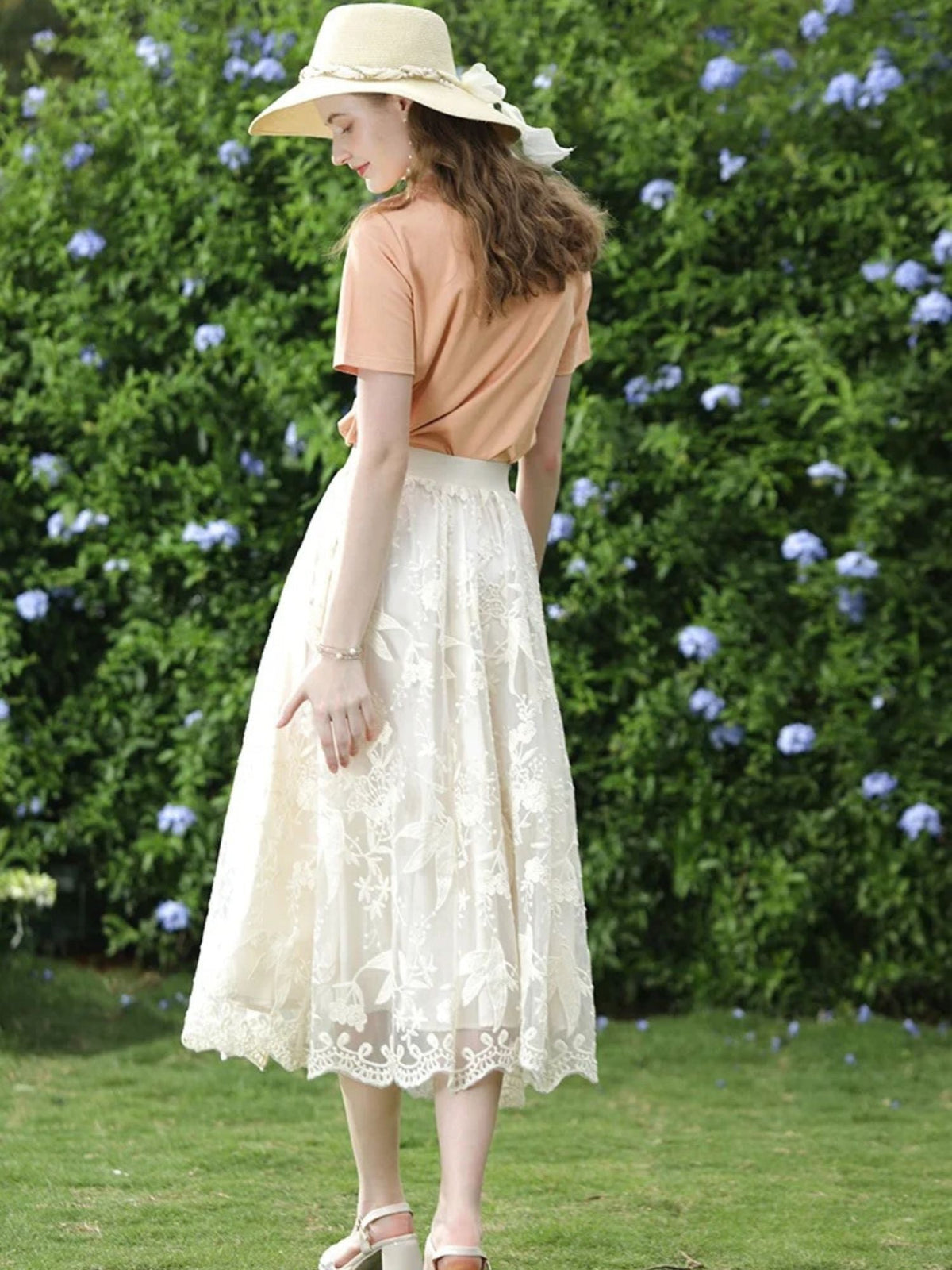 Embroidered Lace Midi Skirt - Women's A-Line Lace Skirt