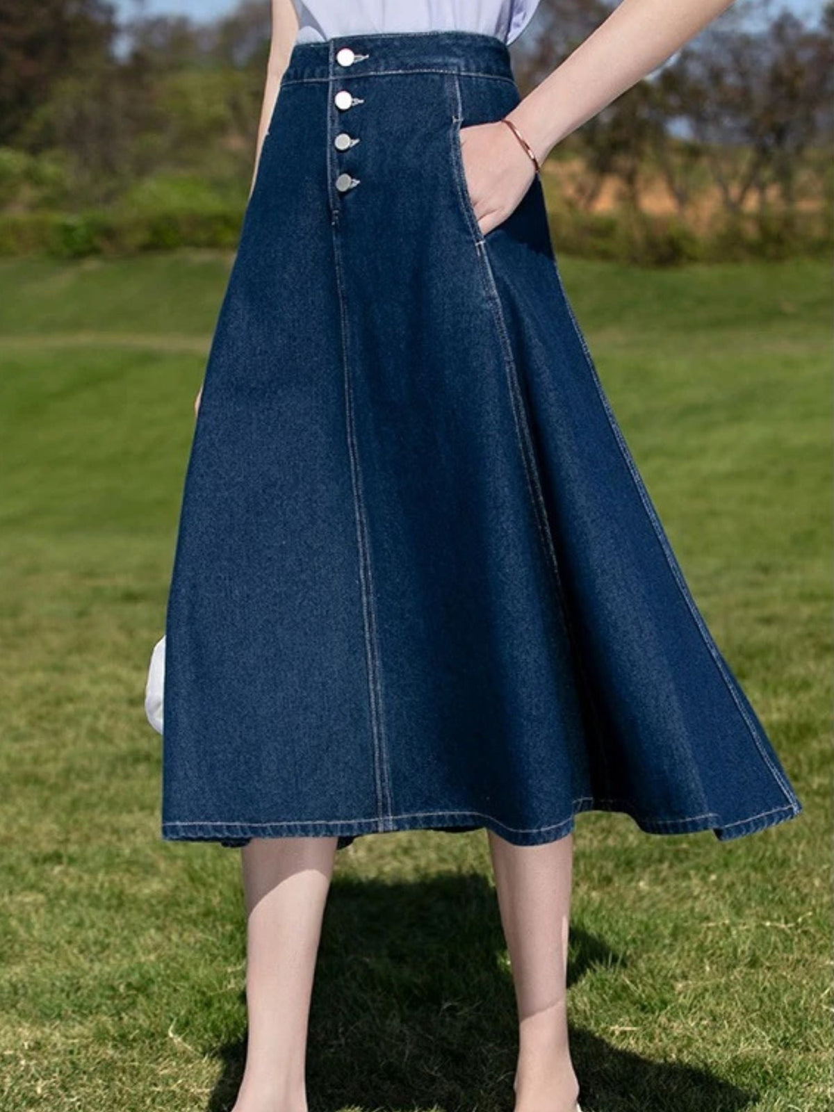High-Waisted Denim Midi Skirt - Women's A-Line Skirt
