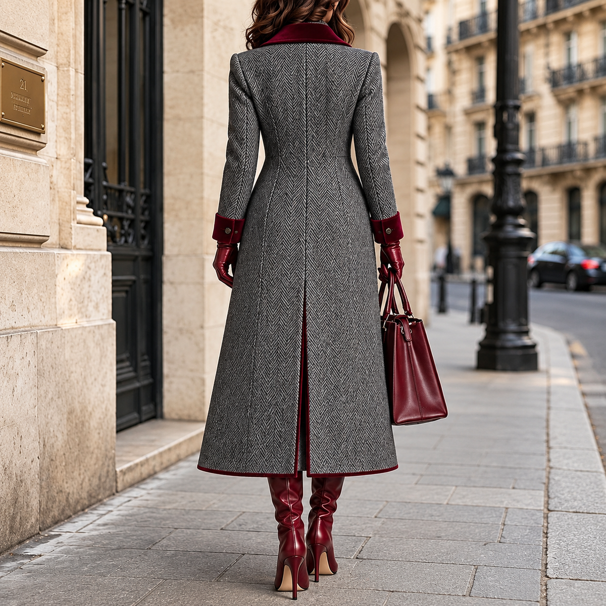 Veloura Herringbone Long Coat - Burgundy Trim Women's Coat