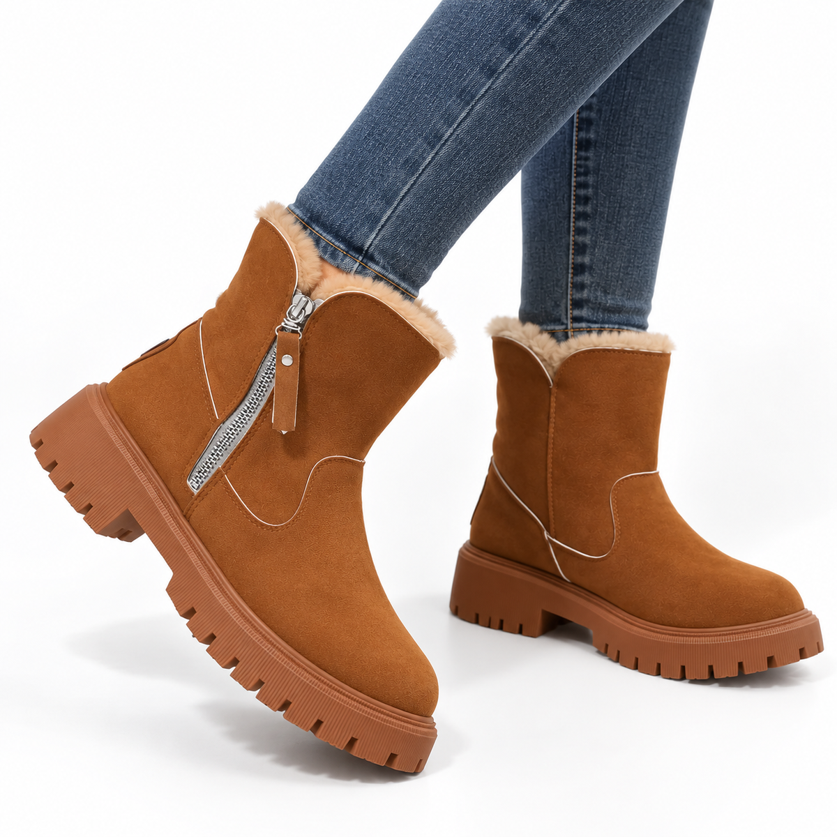 Suede Winter Ankle Boots - Women's Fur Lined Side Zip Boots