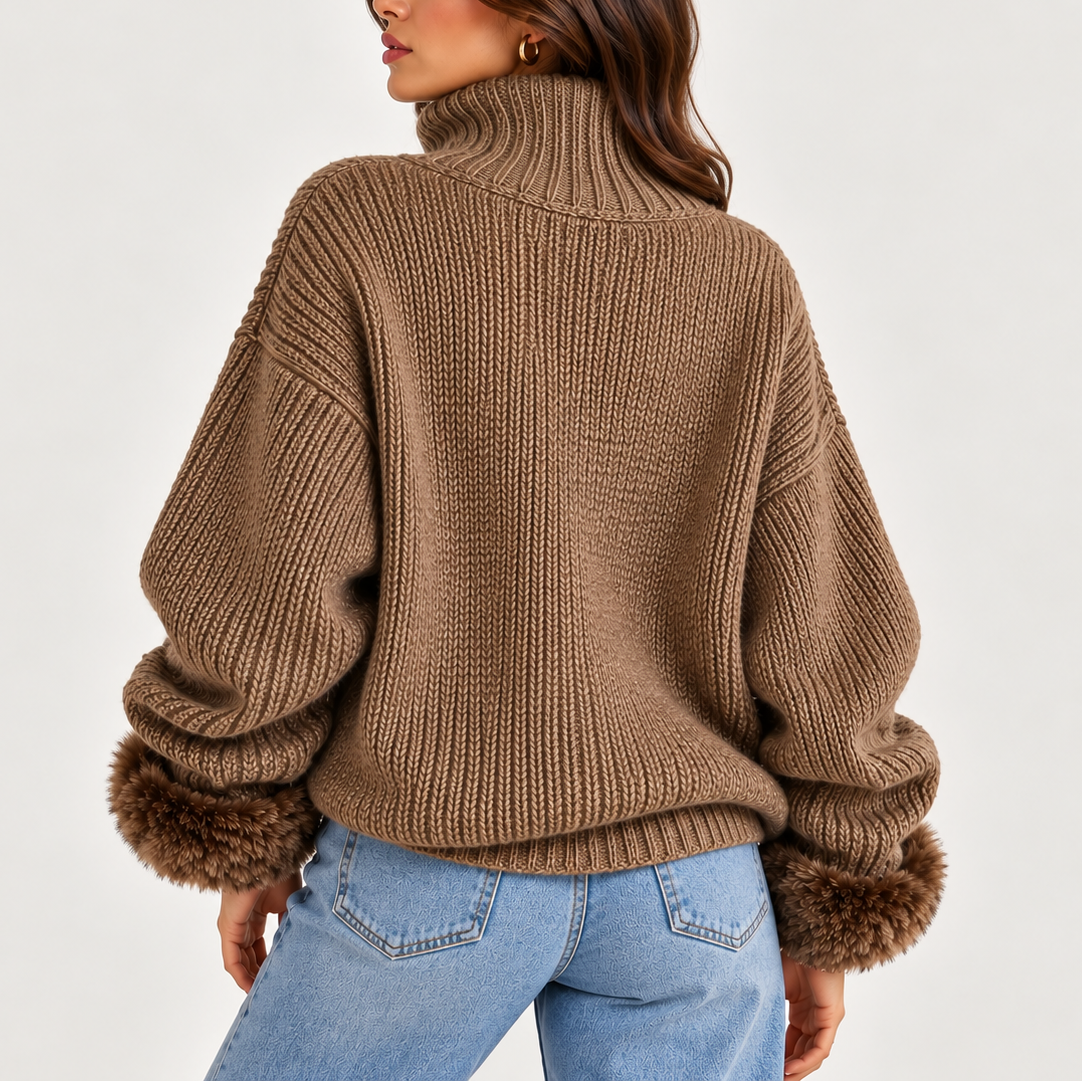 Oversized Half Zip Knit Sweater - Women's Faux Fur Cuffs
