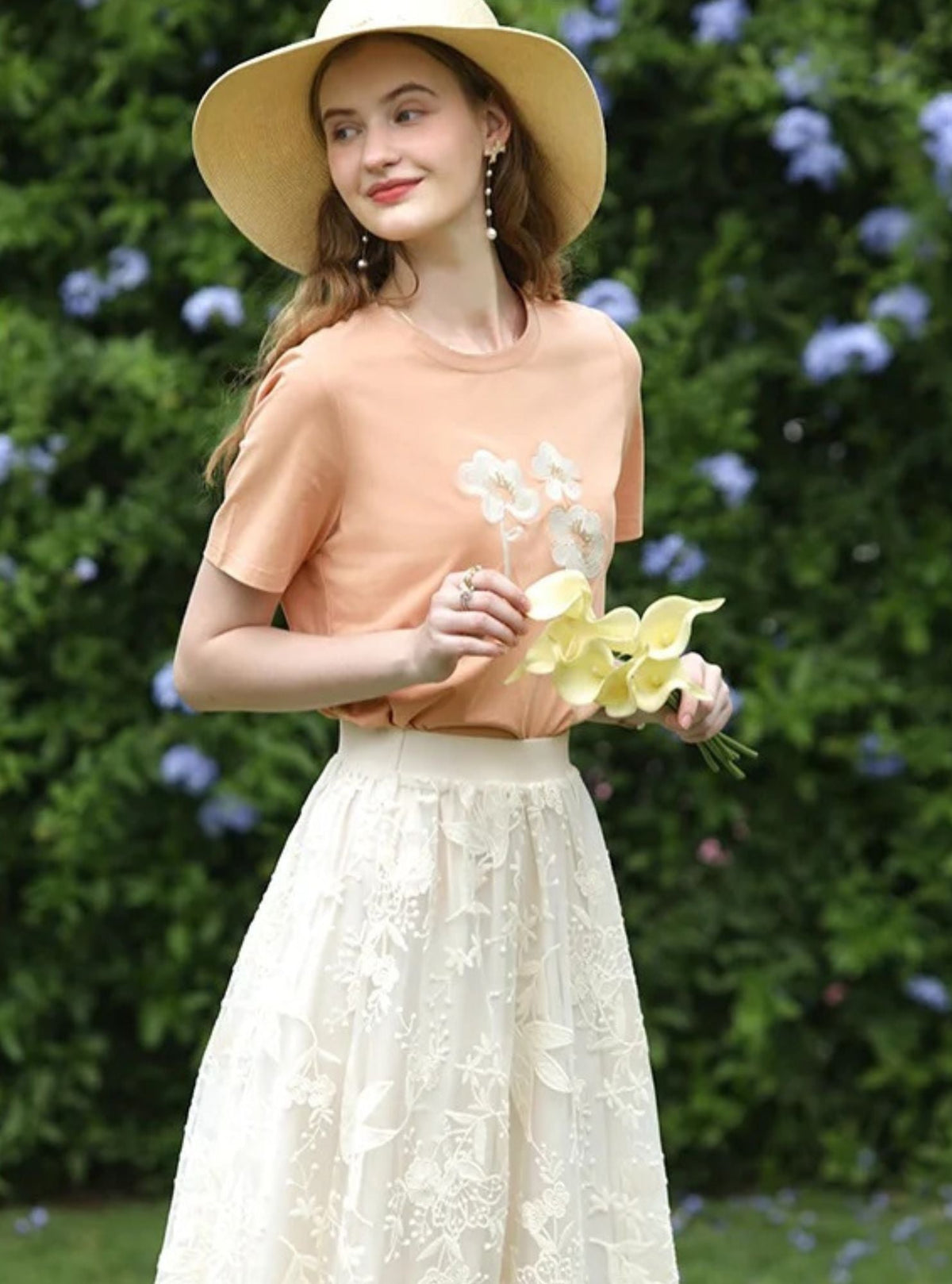 Embroidered Lace Midi Skirt - Women's A-Line Lace Skirt