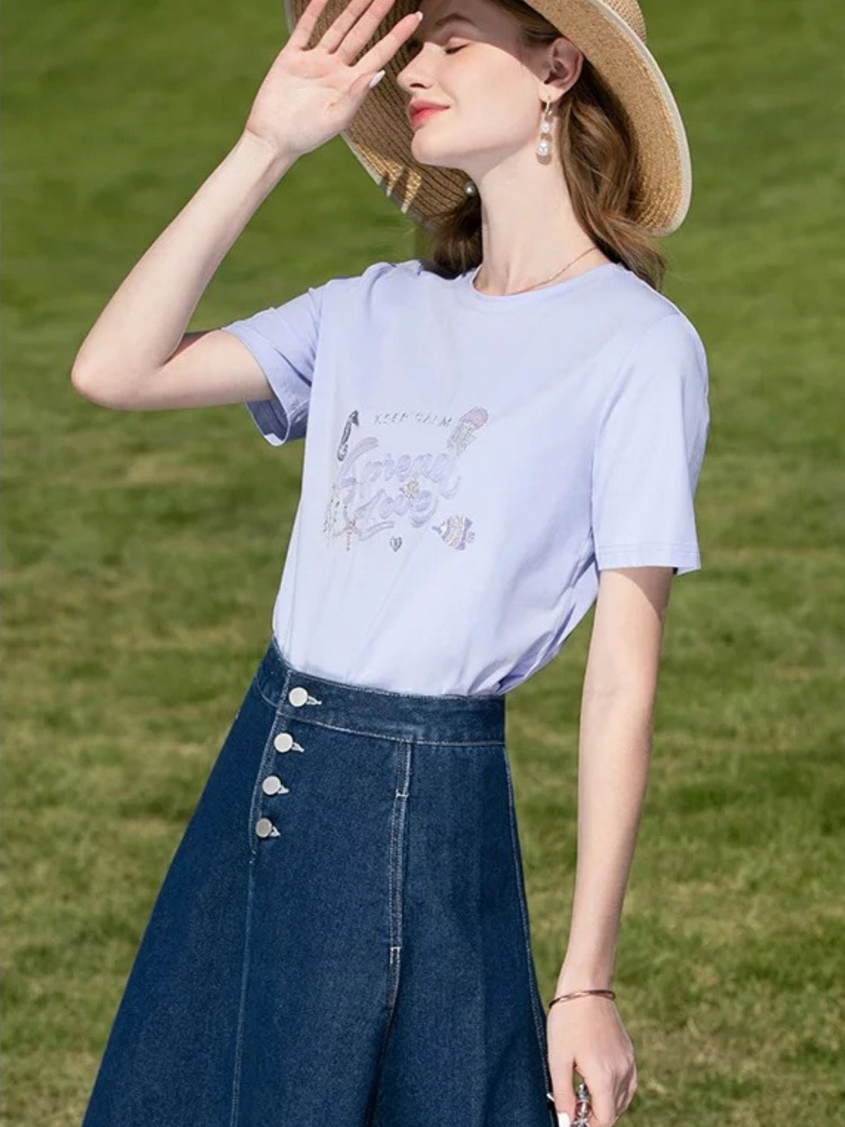 High-Waisted Denim Midi Skirt - Women's A-Line Skirt