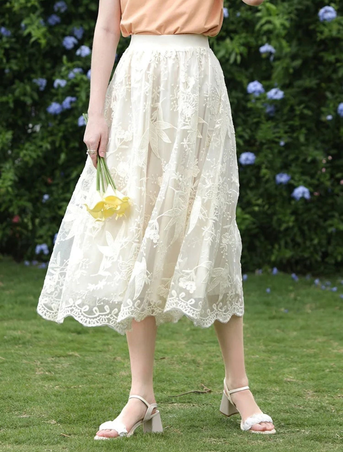Embroidered Lace Midi Skirt - Women's A-Line Lace Skirt