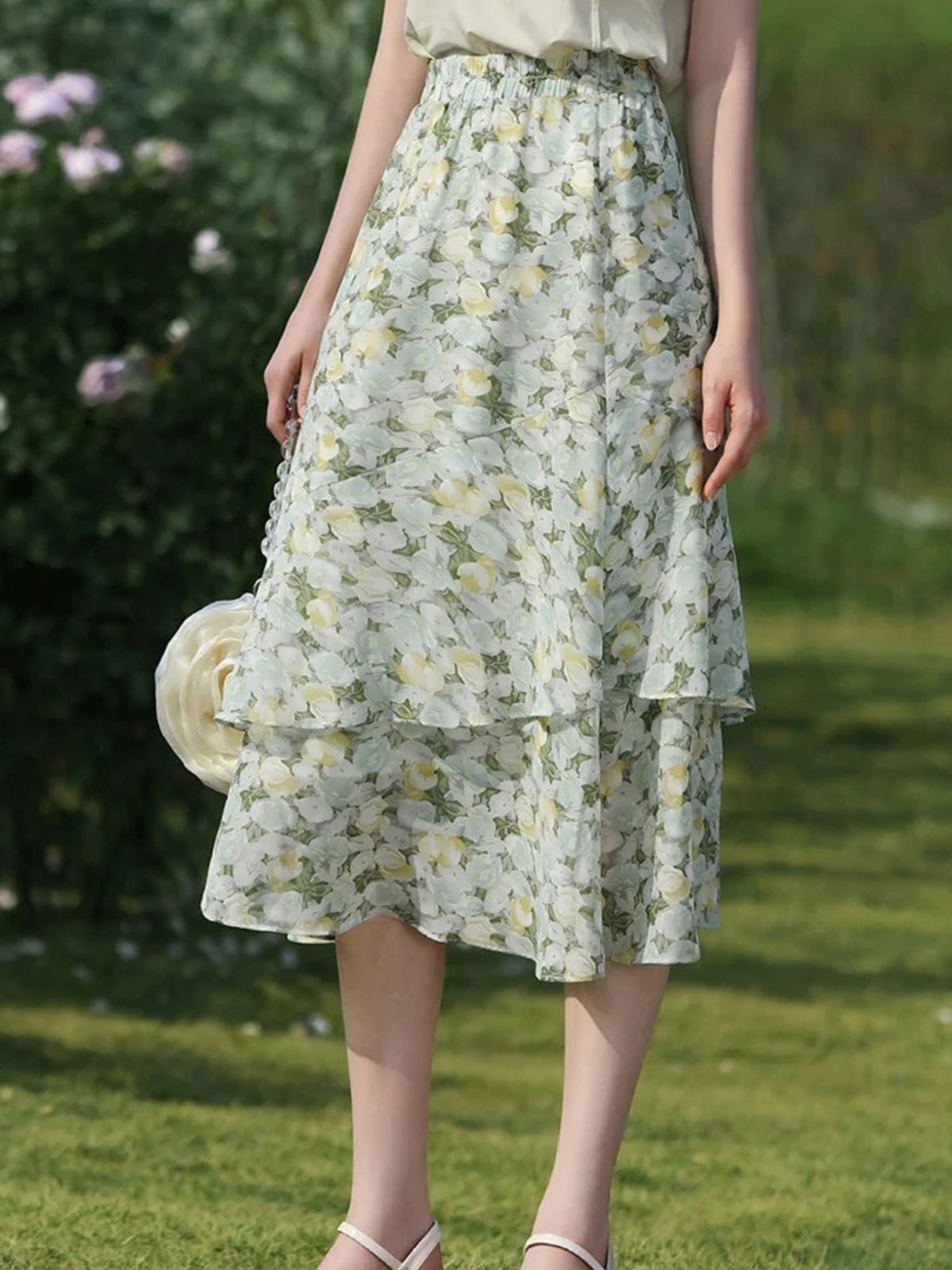 Floral Chiffon Midi Skirt - Women's A-Line Skirt