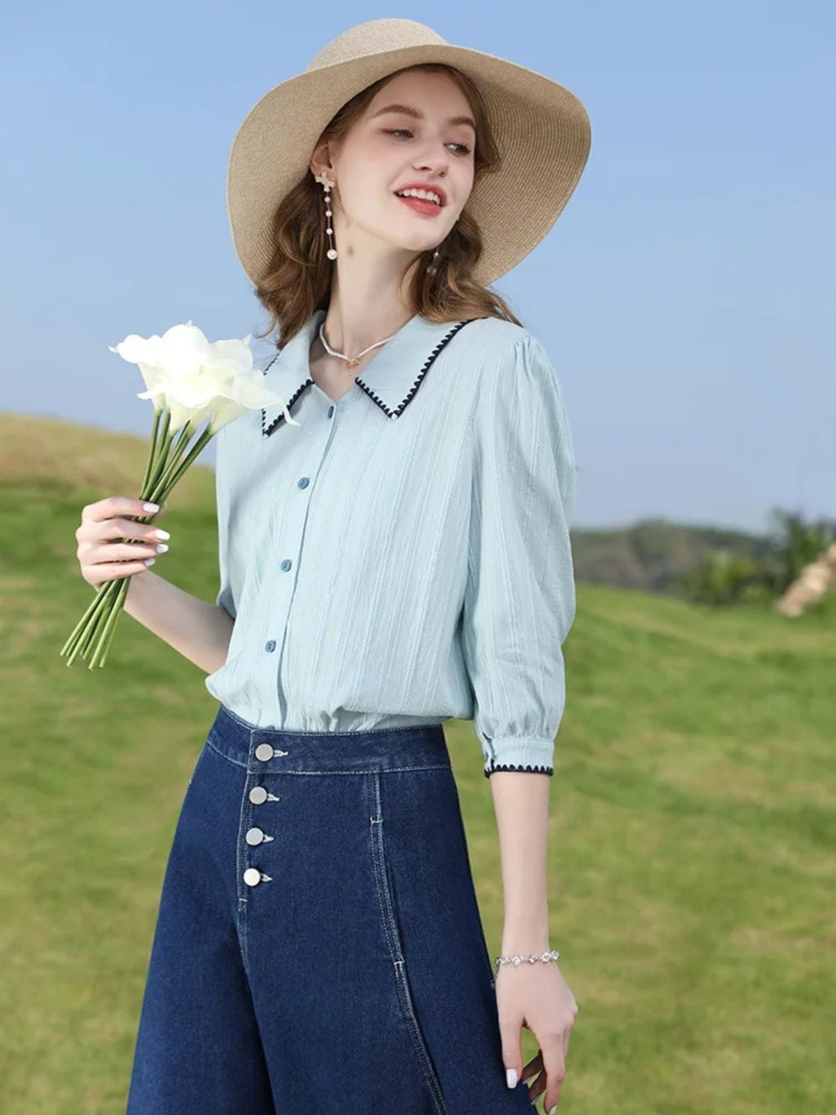 High-Waisted Denim Midi Skirt - Women's A-Line Skirt