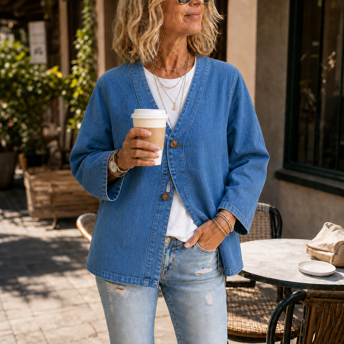 Drapella Denim Look Cardigan - Women's Collarless Cardigan