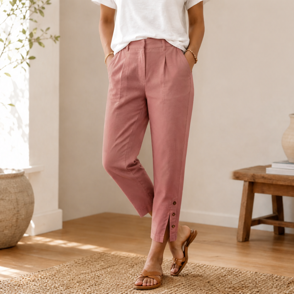 Lunessa Button Hem Pants - Women's Cropped Cotton Trousers