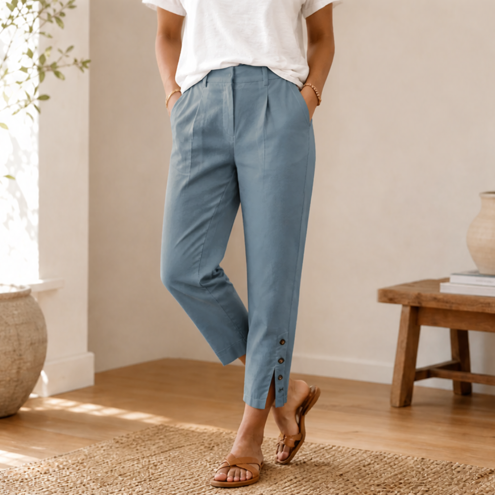 Lunessa Button Hem Pants - Women's Cropped Cotton Trousers