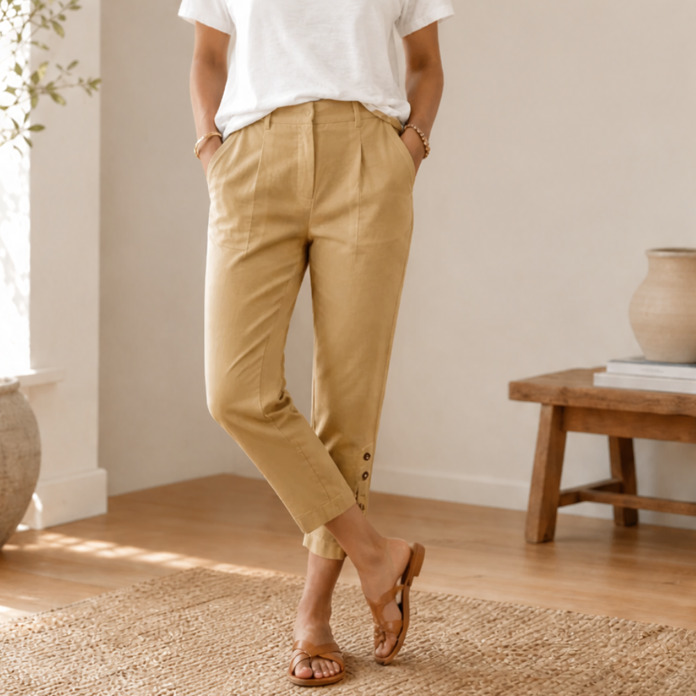 Lunessa Button Hem Pants - Women's Cropped Cotton Trousers