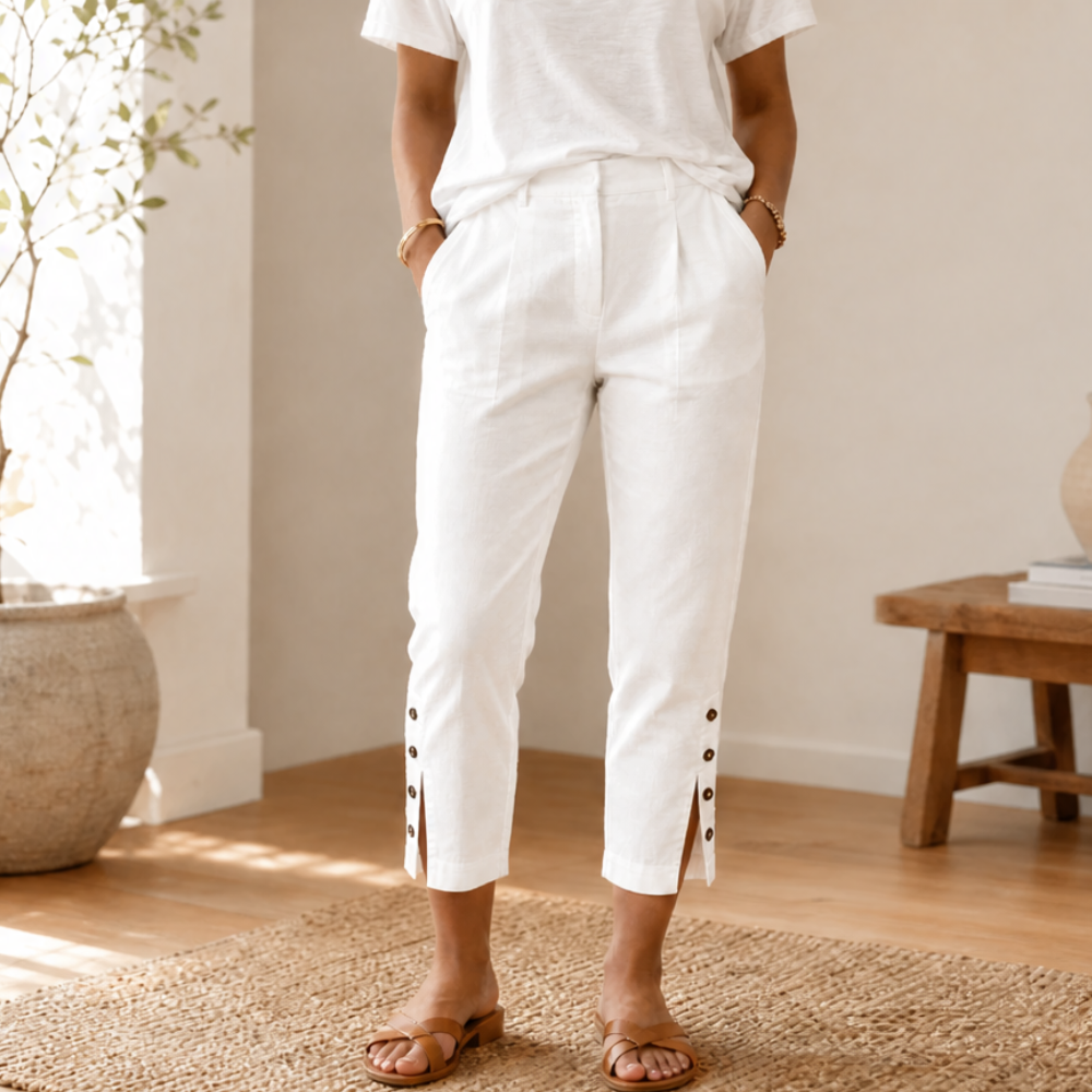 Lunessa Button Hem Pants - Women's Cropped Cotton Trousers