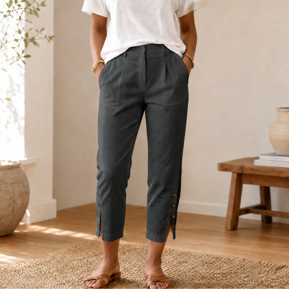 Lunessa Button Hem Pants - Women's Cropped Cotton Trousers