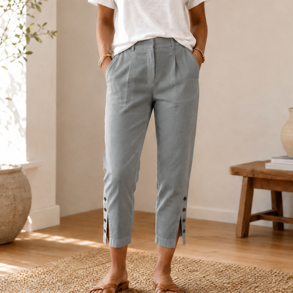 Lunessa Button Hem Pants - Women's Cropped Cotton Trousers