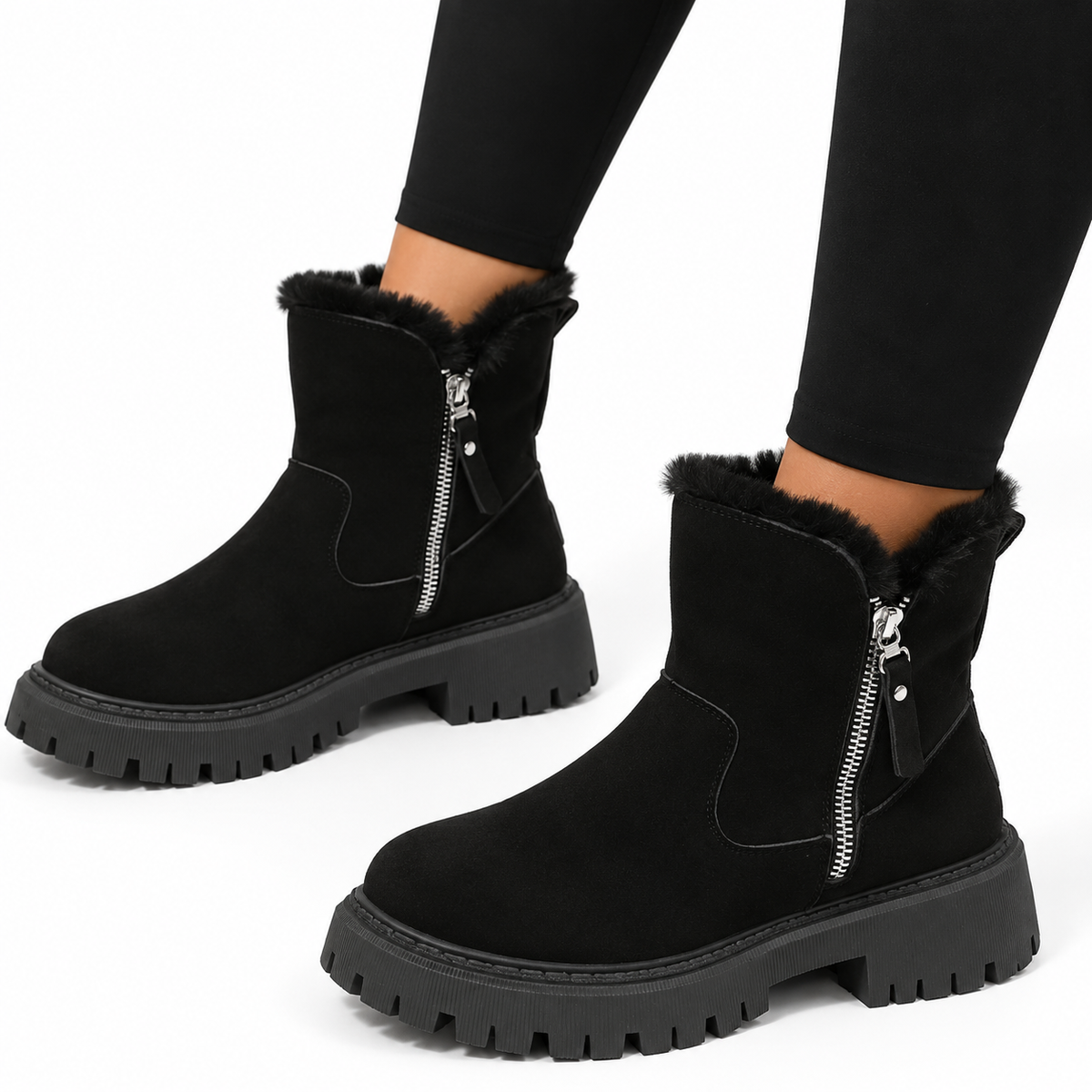 Suede Winter Ankle Boots - Women's Fur Lined Side Zip Boots