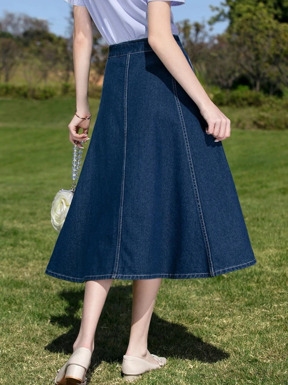 High-Waisted Denim Midi Skirt - Women's A-Line Skirt